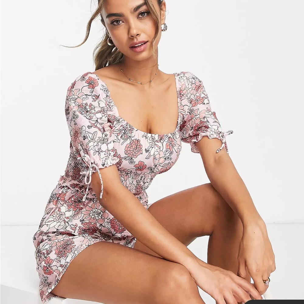 Miss Selfridge shirred waist puff sleeve playsuit in pink floral print NTW